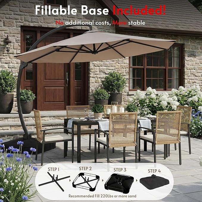 11FT Cantilever Patio Umbrella with Base Included, Large Cantilever umbrella with 360°Rotation, Heavy-Duty Offset Outdoor Umbrella for Patio,Pool,Garden and Backyard (Champagne)