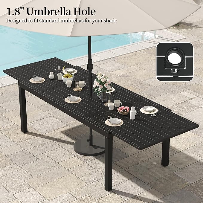 PIZZELLO 7 Pieces Outdoor Dining Set, 106" Extendable Aluminum Patio Dining Table w/ 6Pcs HDPE Patio Chairs, All Weather Outdoor Table and Chairs Sets for Backyard, Garden and Deck