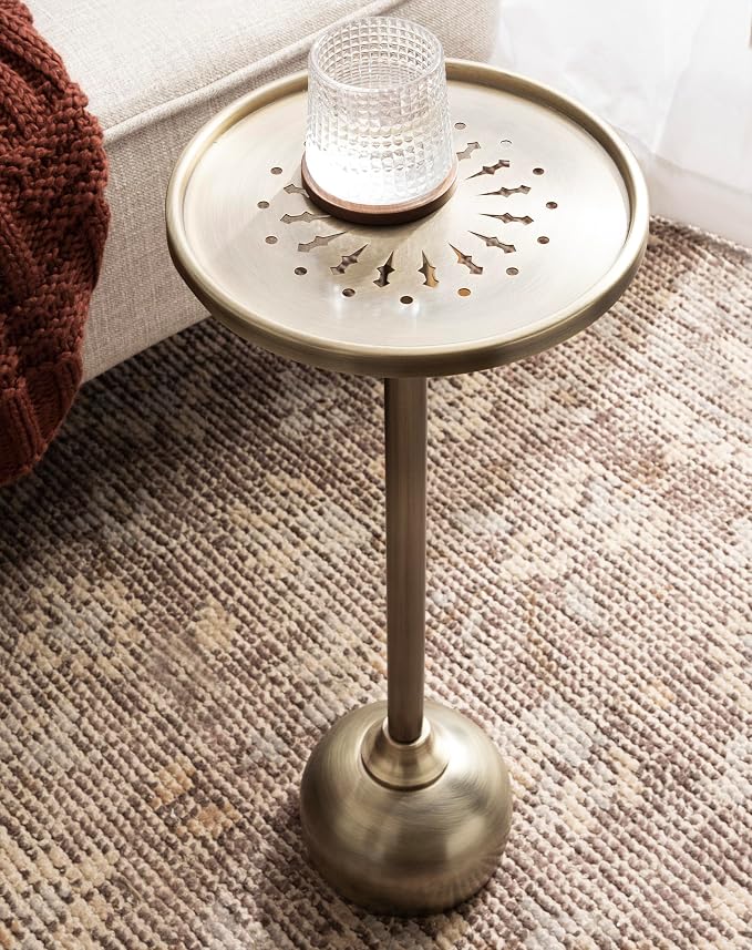 Kate and Laurel Miki Modern Pedestal Drink Table; 10 x 10 x 23; Antique Brass; Decorative Accent Patio Table for Use as Plant Stand Indoors or Outdoors or as a Living Room Martini Table