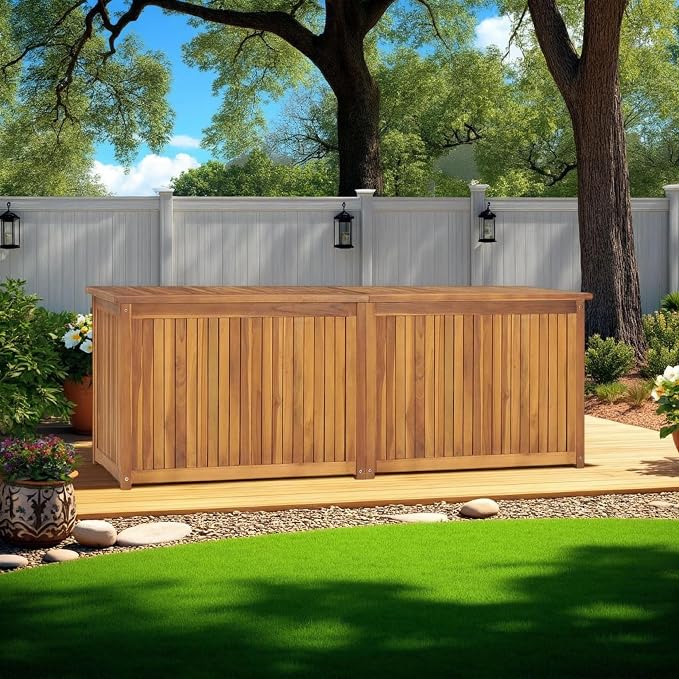 Benjara Misty Outdoor 59" Storage Box- Weather Resistant Brown Solid Teak Wood