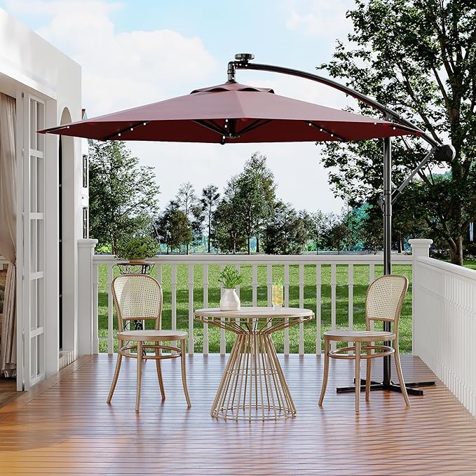 Garvee 10FT Solar Lights Offset Patio Umbrella with Cross Base, Cantilever Umbrella with Easy Lift & Tilt Adjustment, 8 Ribs Sun umbrella UV Protection for Backyard, Pool, Garden, Burgundy