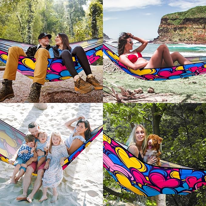 Camping Hammock Double & Single Portable Hammocks with 2 Tree Straps, Great for Hiking,Backpacking,Hunting,Outdoor,Beach,Camping, Heart (45) Pattern