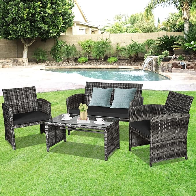 Giantex 4 Pc Patio Conversation Set, Rattan Loveseat & Patio Chairs with Cushioned Seat, Wicker Coffee Table, Outdoor Furniture Set for Front Porch Poolside Garden Lawn