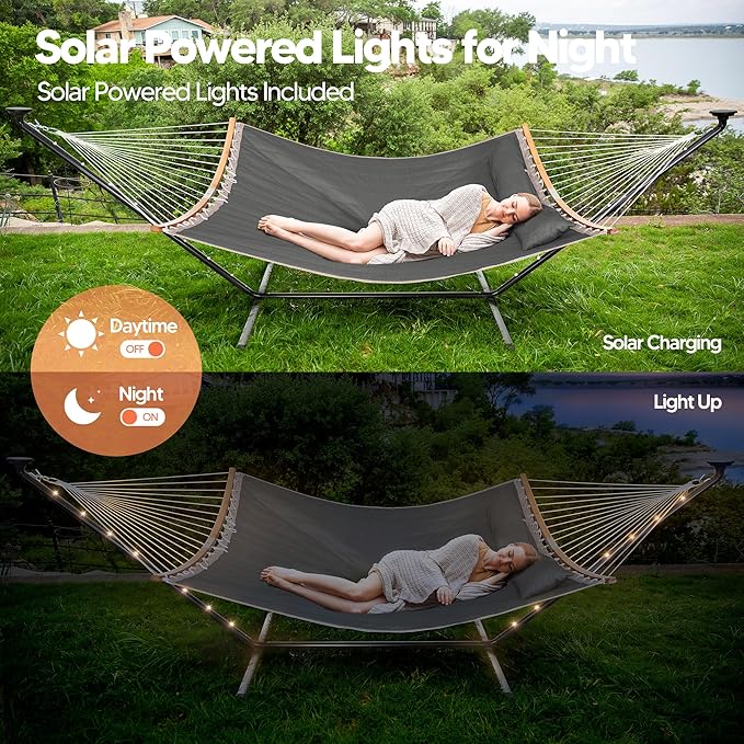 SUNCREAT Double Backyard Hammock with Solar Powered Lights for Outside, 475 lbs Capacity, Heavy Duty Self Standing Hammock with 12 ft Stand, Dark Grey