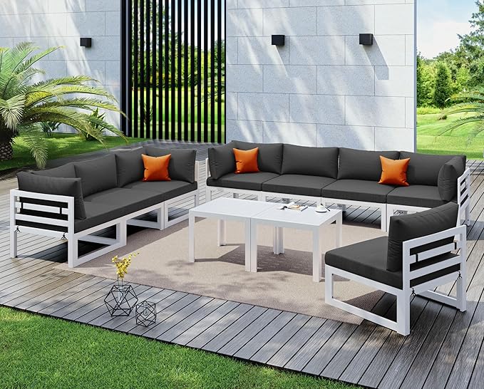 NICESOUL 10 Piece Oversized Modular Aluminum Outdoor Furniture Set with Coffee Table, 29" Deep Wide Sectional Seating, 500 lbs High Weight Capacity Patio Conversation Set for Garden Deck, Dark Gray