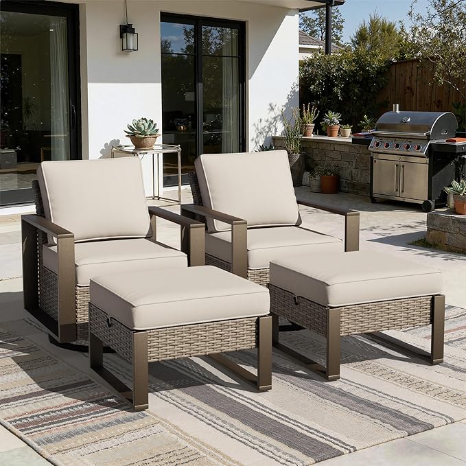 Joyside Outdoor Patio Swivel Rocker Chairs, 4 Pieces Wicker Furniture Set, 2 Swivel Rocking Chairs and 2 Ottoman, Metal Wide Armrest, Thick Cushions and Deep Seating for Garden, Backyard, Porch, Deck