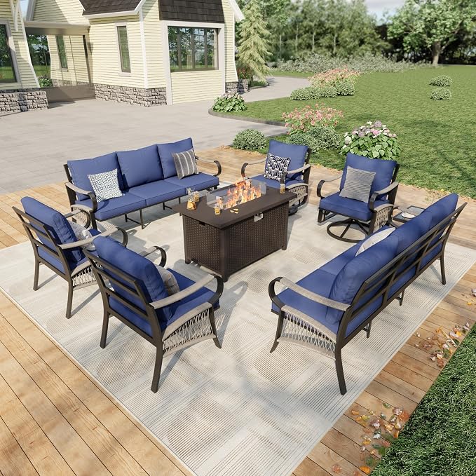 8 Pieces Patio Furniture Set, Metal Outdoor Conversation Sets with Fire Pit Table and Swivel Chairs for Backyard Garden Deck Porch Poolside (Thick Blue Cushions)