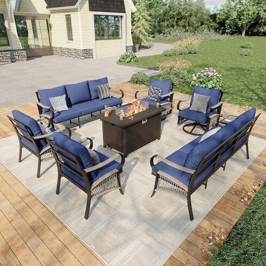 8 Pieces Patio Furniture Set, Metal Outdoor Conversation Sets with Fire Pit Table and Swivel Chairs for Backyard Garden Deck Porch Poolside (Thick Blue Cushions)