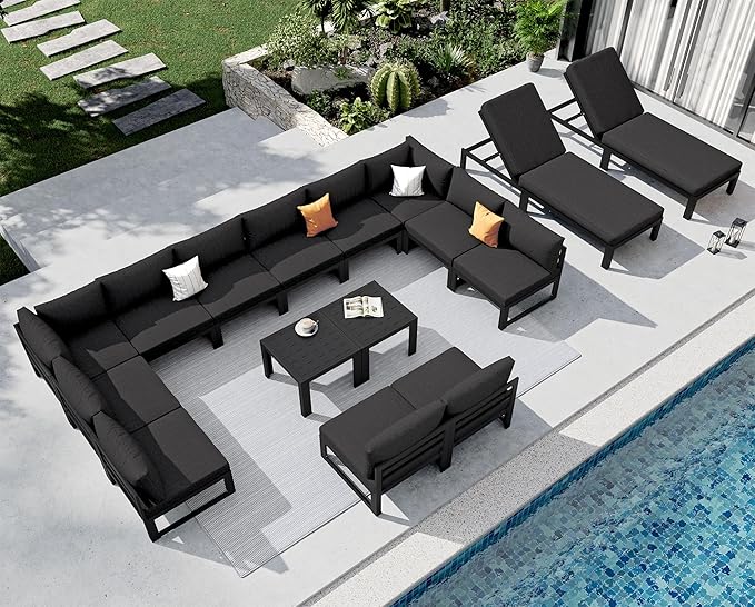 NICESOUL 16 Piece Large Modern Aluminum Patio Furniture Set, Water & Fade Resistant Modular Outdoor Conversation Set with Chaise, 500 lbs Heavy Duty Comfortable Sectional Sofa for Poolside, Black