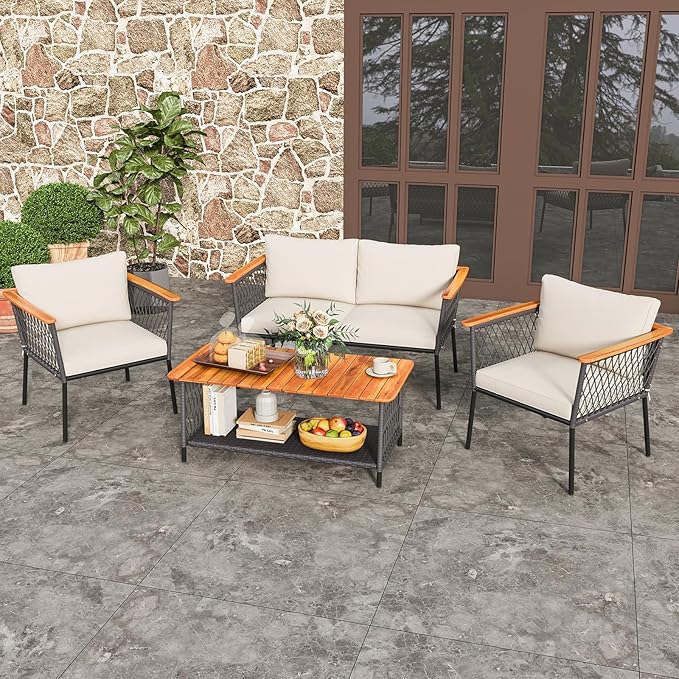 Tangkula 4 Piece Patio Furniture Set, Patiojoy Rattan Chair Set w/ 2-Tier Coffee Table, Acacia Wood Armrests & Tabletop, Soft Seat & Back Cushions, Outdoor Wicker Conversation Set