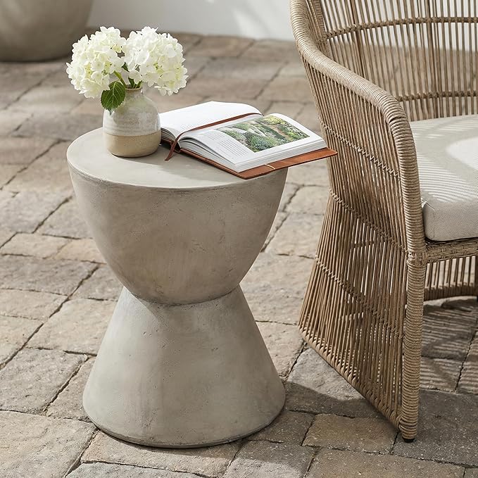 Outdoor Side Table Hourglass Concrete Side Tables Travertine End Table Faux Stone Small Coffee Tables for Patio, Garden Stool Plant Stand for Porch, Backyard, 15.25"*18", Waist Drum-Cement