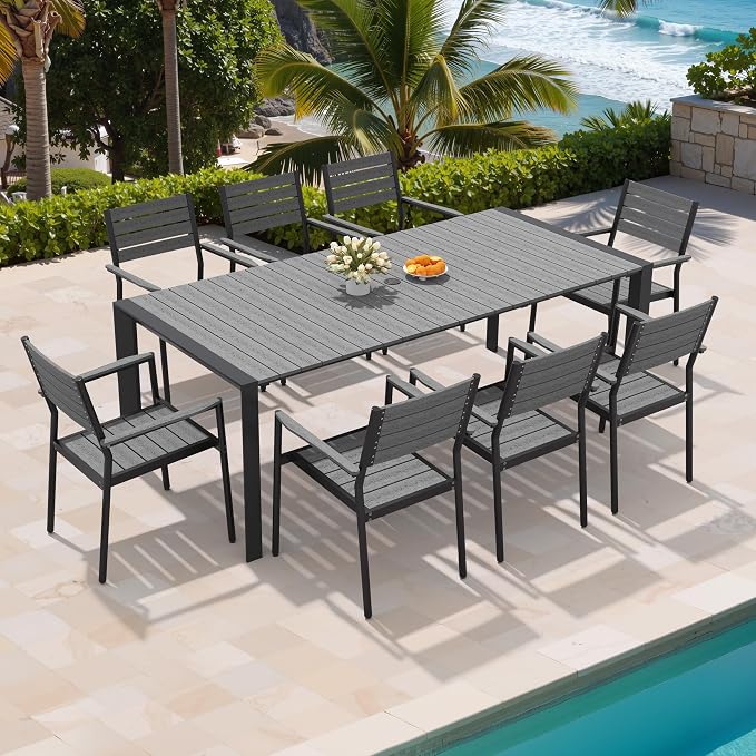 9-Piece Outdoor Dining Set, 83" Rectangular Table and Stackable Armchairs | Aluminum Frame Umbrella Hole and Arm All-Weather Wood Grain Patio Furniture for 8 for Garden, Patio, Backyard (Grey)