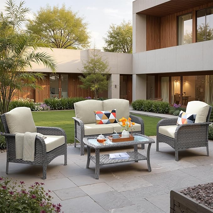 4 PCS Outdoor Patio Furniture Set with Glass Table, All-Weather Rattan Wicker Outdoor Conversation Set with Thickened Cushions for Balcony Backyard Garden Lawn,Beige