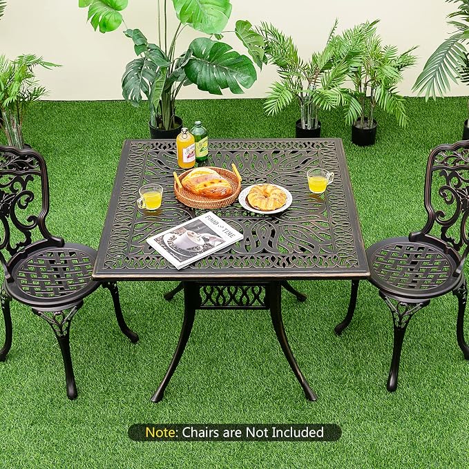 Giantex Patio Dining Table, Cast Aluminum Outdoor Table for 4 Persons, Heavy-Duty Structure, Adjustable Footpads, All-Weather Square Umbrella Table with Hole, 35.4" Lx35.4 Wx29.5 H