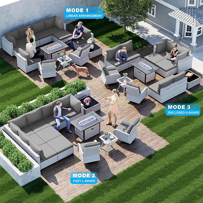 13-Piece Patio Furniture Set, Outdoor Patio Furniture with Swivel Chairs Set, Ottomans, 55,000 BTU Fire Pit Table, Modular Patio Sofa, Dual-Strand Wicker Rattan, Rust-Resistant Frame, Grey