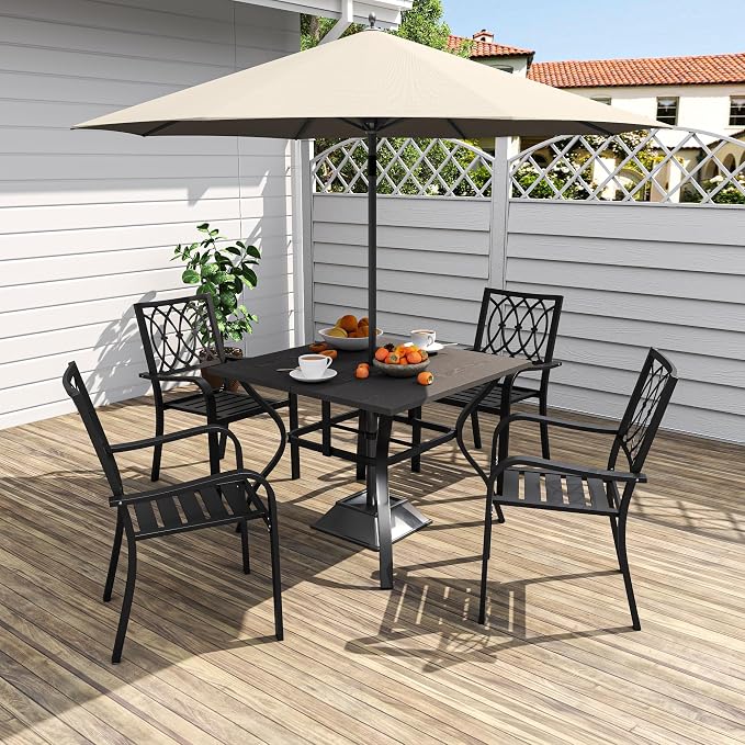 5-Piece Outdoor Patio Dining Set 37.8" Square Wood-Grain Metal Table with Umbrella Hole 4 Metal Chairs 350 lbs Capacity Ergonomic Slat Design Quick Assembly for Garden Black