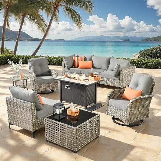 9-Piece Outdoor Patio Furniture Set with Fire Pit Table, Outdoor Conversation Wicker Sofa with Swivel Chairs, Rattan Couch with Coffee Table for Deck, Backyard, Poolside (Dark Grey)
