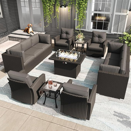 LayinSun 13 Pieces Patio Furniture Set with Fire Pit Table, Black Rattan Modular Sectional Outdoor Conversation Sofa Set, Swivel Rocking Chairs Set