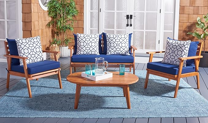 SAFAVIEH Outdoor Collection Deacon Natural Acacia Wood/Navy Cushion 4-Piece Conversation Patio Set with Accent Pillows