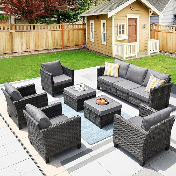 HOOOWOOO Wicker Patio Conversation Sets,7 Piece Outdoor Furniture Set with Ottoman,All Weather Resistant Modern Outside Out Door Rattan Couch Chairs Set,Charcoal Gray