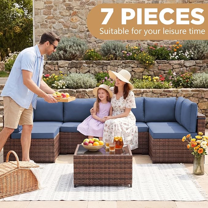 LHBcraft Patio Furniture Set,7 Pieces Outdoor Wicker Rattan Patio Furniture with Rain Cover, Wicker Rattan Outdoor Sectional Sofa Set with Coffee Table for Garden, Taupe-Blue