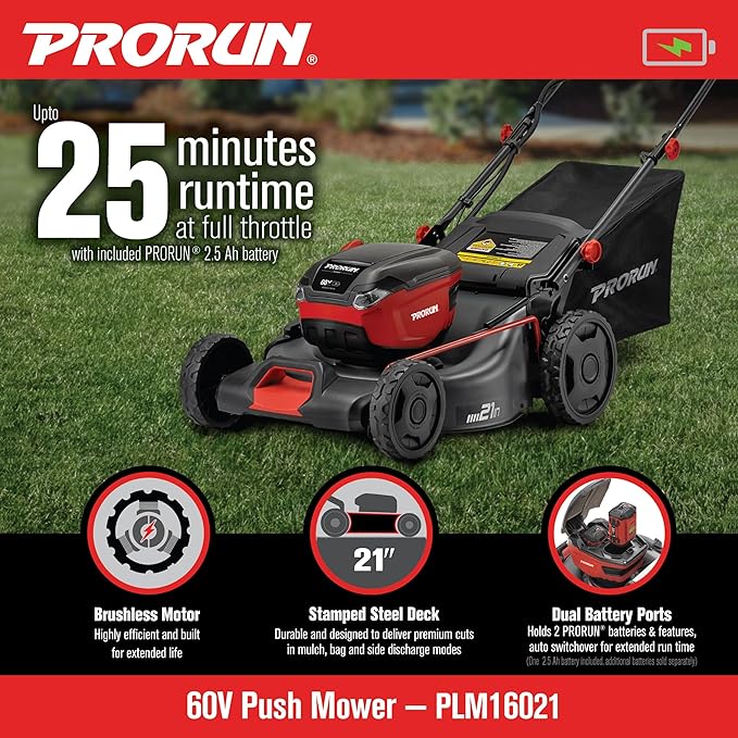 PRORUN 60V 21-in. Steel Deck Cordless Push Lawn Mower with 2.5 Ah Battery and Charger