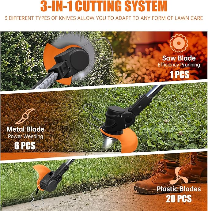Electric Weed Wacker Weed Cordless Eater with Wheels and 2 Pcs 21V/2000mAh Batteries, 3 in 1 Grass Trimmer/Brush Cutter/Lawn Edger with 27 Pcs Replacement Blades for Lawn Garden and Yard (Black)