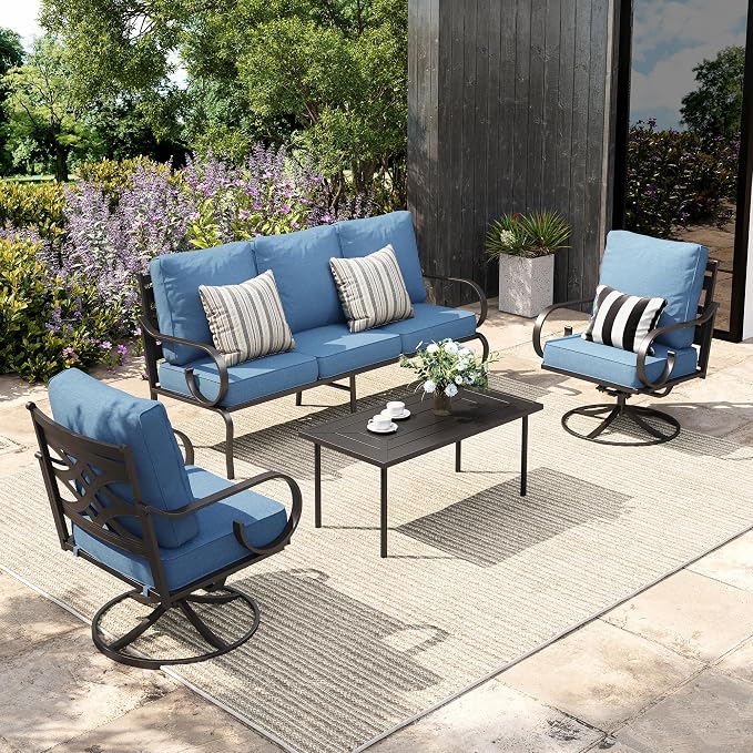 Sophia & William Patio Conversation Set for 5, 3-Seater Sofa, 2 Swivel Chairs and a Coffee Table, Metal Outdoor Furniture with 5.75" Extra Thick Cushions, Navy