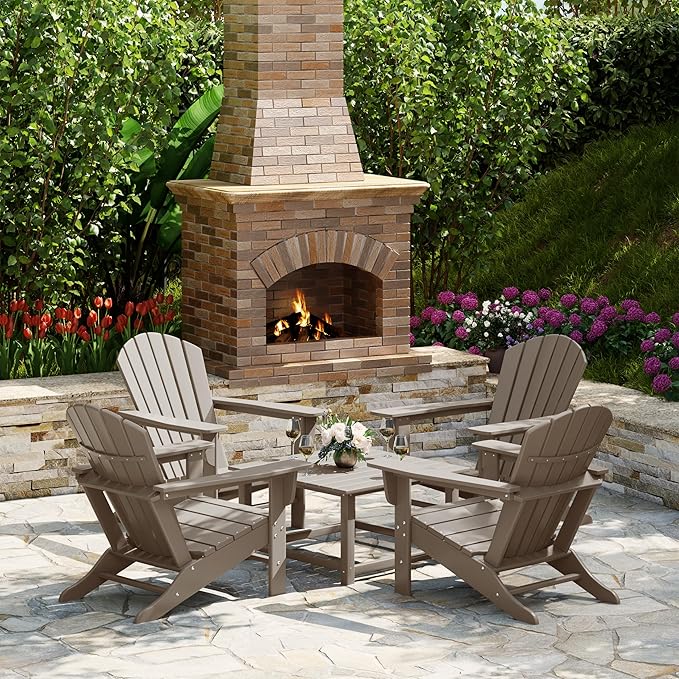 Costaelm Patio Conversation Set, Patio Chairs Set of 5 Balcony Firepit Furniture Outdoor Adirondack Square Table and Chair Backyard Furniture Set for Lawn Porch Pool Garden, Weathered Wood