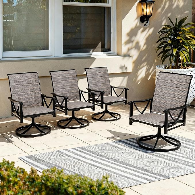 Gotland Patio Swivel Chairs Set of 4, Outdoor Dining Chairs with Breathable Teslin Seat Cushion & Backrest, 360° Outdoor Swivel Chairs with Metal Frame, Patio Dining Chairs for Deck Garden Brown