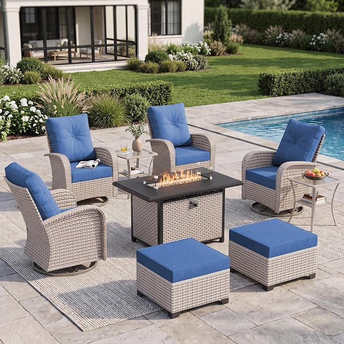 9-Piece Patio Furniture Set, Outdoor Swivel Rocking Chairs Set with 55,000 BTU Fire Pit Table,All Weather Conversation Set for Porch Poolside Balcony