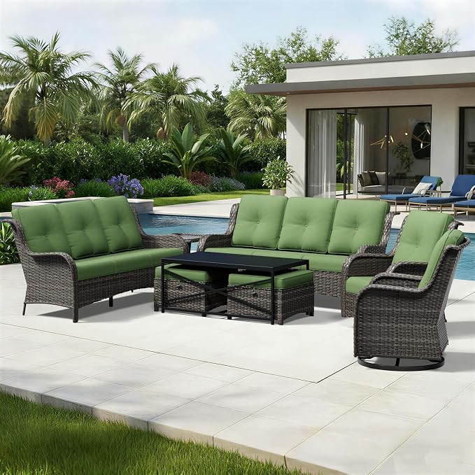 Joyside 8 Piece Wicker Patio Furniture Set, Outdoor Swivel Rocker Patio Chairs with High Back, Deep Seating, Wide Armrest, Thickened Cushions, Outdoor Furniture for Deck, Porch Use