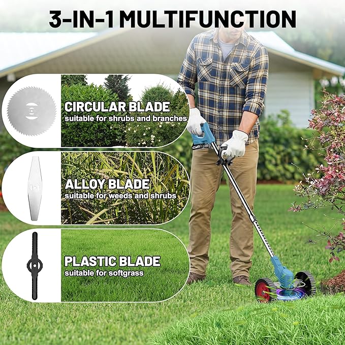 MGYM Cordless Weed Wacker, 20V Electric String Trimmer with 2x2.0Ah Batteries and Charger, Adjustable Pole Weed Wacker with Wheel for Lawn, Yard, Garden Grass Cutter(Blue)