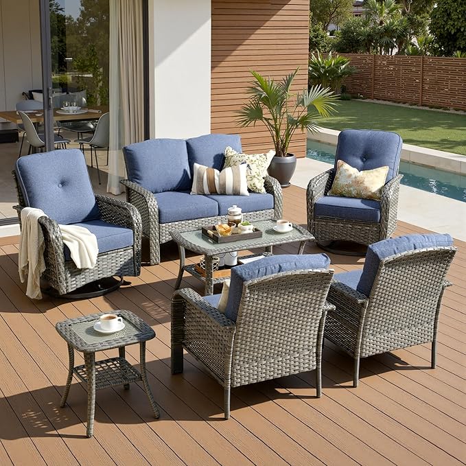 7-Piece Patio Furniture Set, Outdoor Wicker Furniture with Coffee Table, High Back Swivel Rocker Patio Chairs, Modern Rattan Outdoor Chairs Conversation Set for Porch, Balcony, Garden, Denim Blue