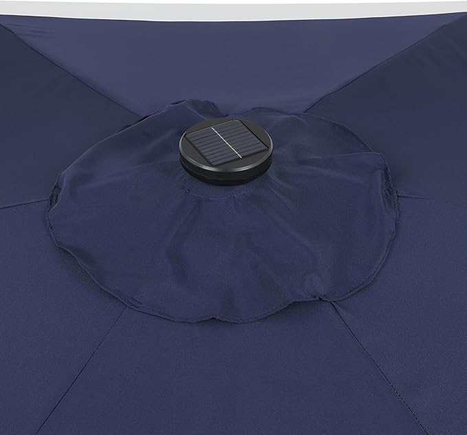 JONATHAN Y Spencer 9 ft. Solar Powered LED Patio Umbrella with Crank and Tilt, Hexagon Outdoor Market Sunshade for Garden, Deck and Pool, Navy/White, Dark Brown Pole UMB1100A