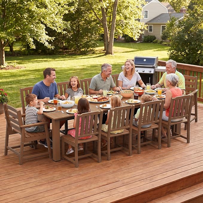 LOUNZY 11 Piece Patio Dining Set for 10, Outdoor Table and Chairs, Brown | 89.4“ table,Large family 10 person dining table set, eco-friendly HDPE, heat and moisture resistant for outdoor dining