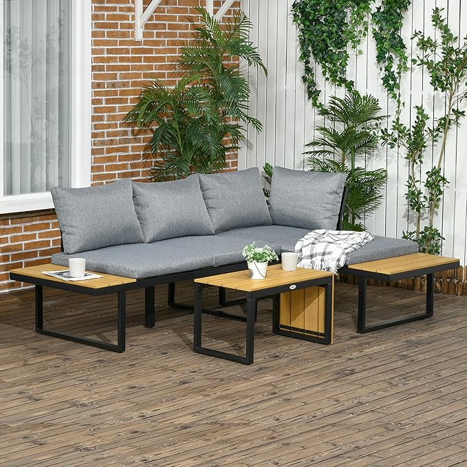 Outsunny 3 Piece Patio Furniture Set with Cushions, Aluminum Frame Outdoor Conversation Sofa Set w/Two Loveseats and Wood Grain Plastic Top Coffee Table/Side Table, Dark Gray