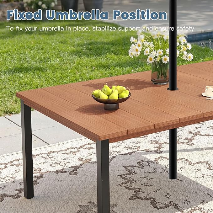 DIFY 7 Pieces Outdoor Dining Set, Metal Patio Table and Chairs Set for 6 with Umbrella Hole, 63" Walnut Rectangle Table and Brown Textilene Swivel Patio Chairs for Garden, Backyard, Poolside