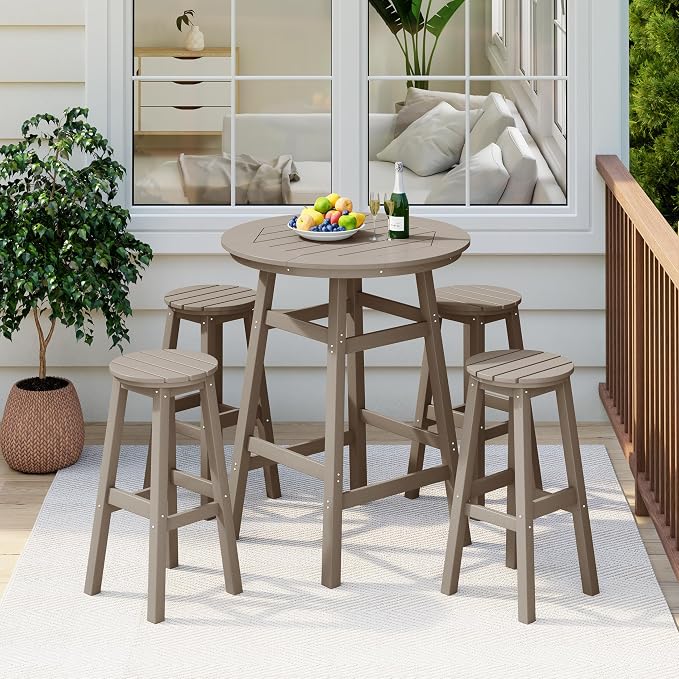 Costaelm Patio Bistro Table, 42" Counter Height Round Patio Cocktail Bar Table with Umbrella Hole, Outdoor Bistro Dining Pub Table for Front Porch Deck Backyard Garden, Weathered Wood