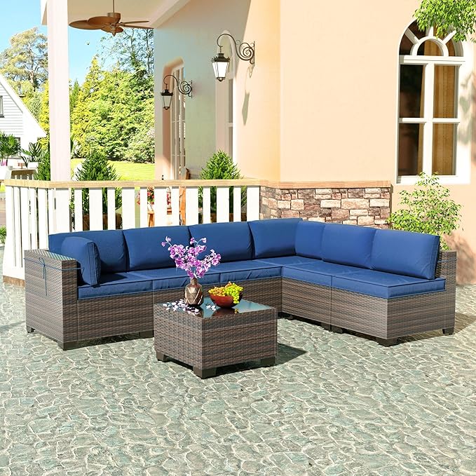 7 Pieces Outdoor Patio Furniture Sets,Wicker Conversation Set Sectional Sofa,Includes 6 All-Weather High Back PE Rattan Seating Components w/Thickened Cushions&Coffee Table,Navy