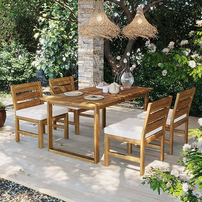 Acacia Wood Outdoor Dining Set for 4, All-Weather Patio Dining Set with Rectangle Dinning Table and 4 Chairs& Cushions for Garden Backyard Lawn (Natural+Beige c)