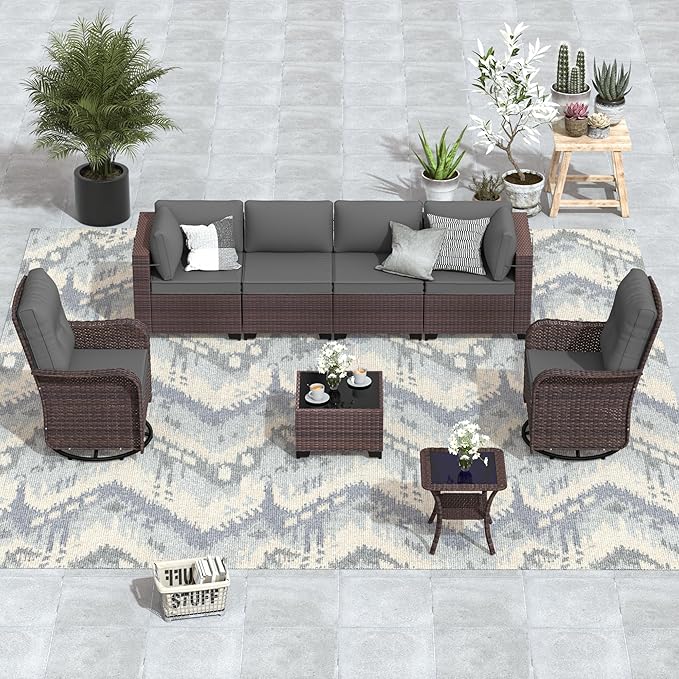 ALAULM 8 Pieces Patio Furniture Set with 2 Swivel Chairs Wicker Patio Conversation Set, Outdoor Sectional Furniture w/Coffee Table & Washable Seat Cushions-Grey