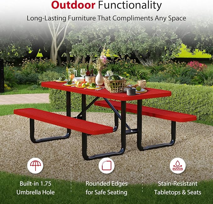 Leisure Craft Metal Picnic Table with Bench - 8 ft Rectangle Outdoor Dining Table for 8, Umbrella Hole, Weatherproof Heavy Duty Thermoplastic Coating, Commercial Grade Furniture Made in USA - Red