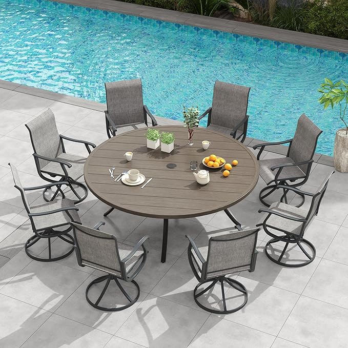 VICLLAX 9 Pieces Outdoor Patio Dining Set, 60" Round Wrought Iron Metal Outdoor Table with Umbrella Hole and 8 Swivel Textilene Chairs for Lawn,Garden,Porch,Grey