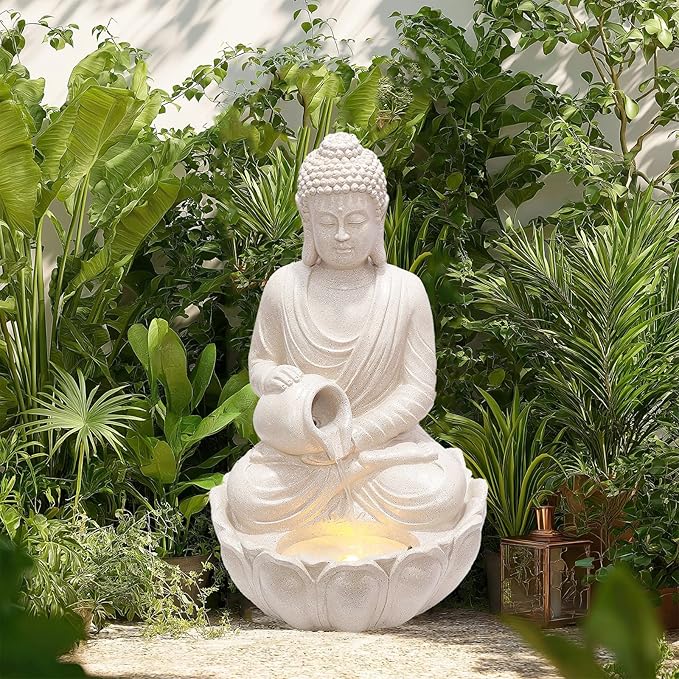 G-LEAF Zen Style Meditating Buddha Statue Water Fountain Outdoor 31'' Tall Patio Garden Water Fountain with LED Light and Submersible Pump Yard Art Decor