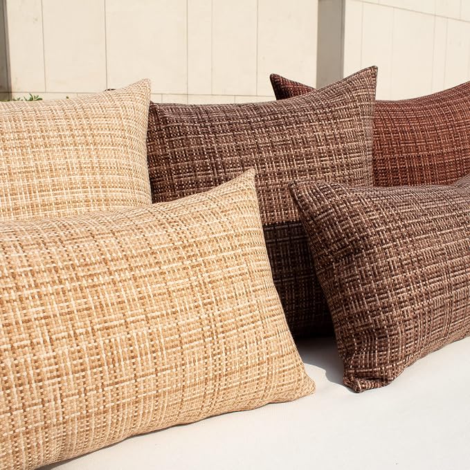 Kevin Textile Outdoor Waterproof 14"x24" Lumbar Pillow Covers 2 Pack, Beige | Water Resistant, Faux Linen Yarn-dyed, Woven Texture Throw Pillow Covers for Tent Patio Garden Couch Sofa