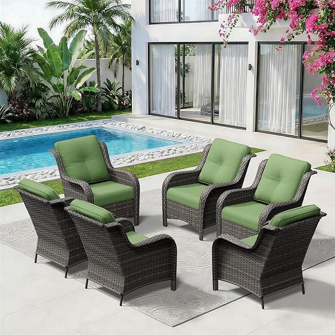 6 Piece Outdoor Wicker Patio Furniture Set, Patio Chairs Set with Thickened Olefin Cushions, High Back and Deep Seating, Hand-Woven PE Rattan for Porch, Deck