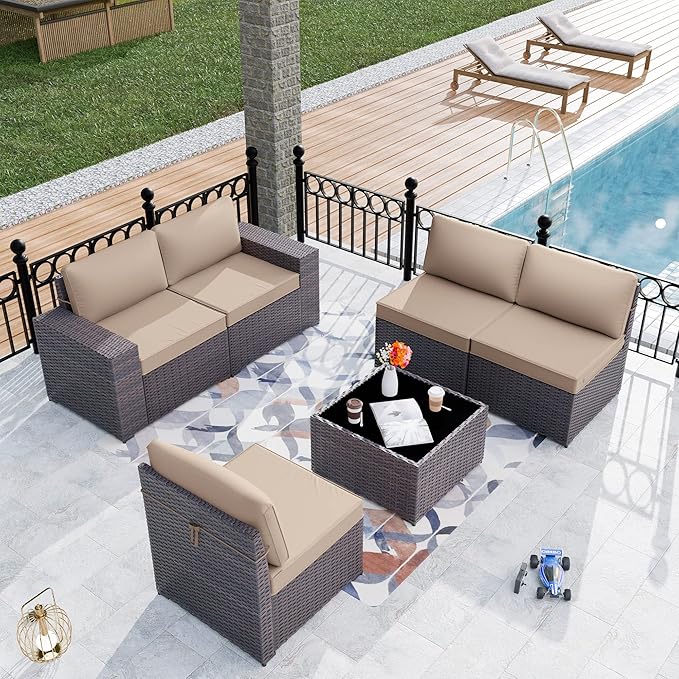 Patio Furniture Set Sofa 6-Pieces Wicker Sectional Sofa Set, Outdoor Furniture Rattan Patio Conversation Set with Thickened Cushion and Glass Coffee Table, Sand