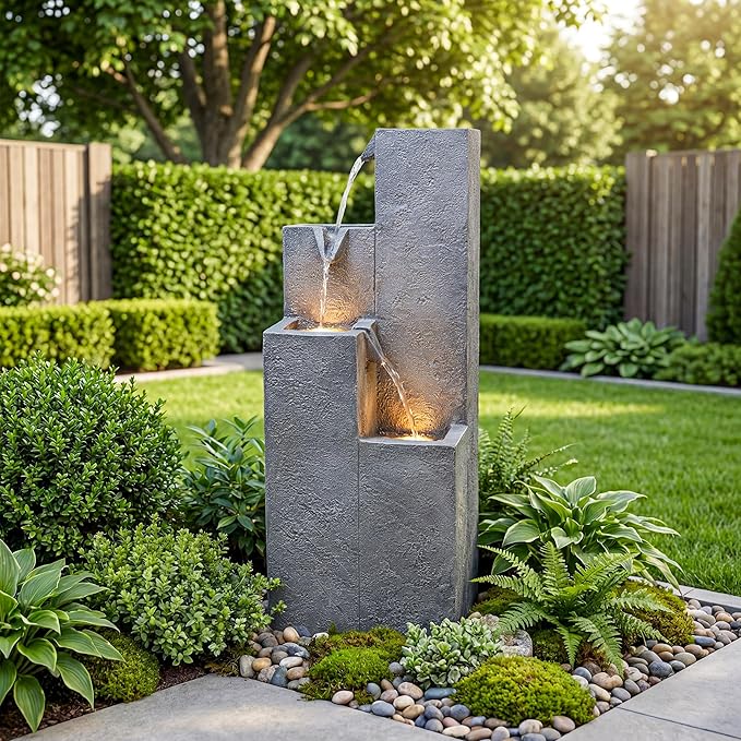 33-Inch Modern Outdoor Water Fountain, 4-Tier Resin Garden Waterfall Fountain, with Soothing Water Sound & Warm LED Light, Home Decor for Patio, Yard, Porch, Deck, Lawn or Balcony in Gray