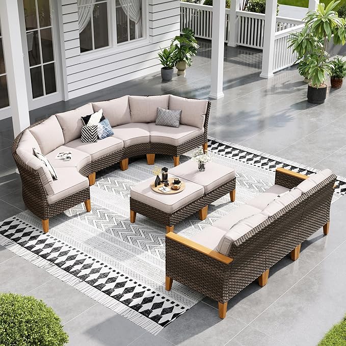 Sophia & William Outdoor Wicker Sectional Sofa Set, Half Moon Curved Patio Furniture Set with Ottman, High Back Rattan Patio Conversation Set for Outside, Porch, Pool(Beige, 10 Piece)